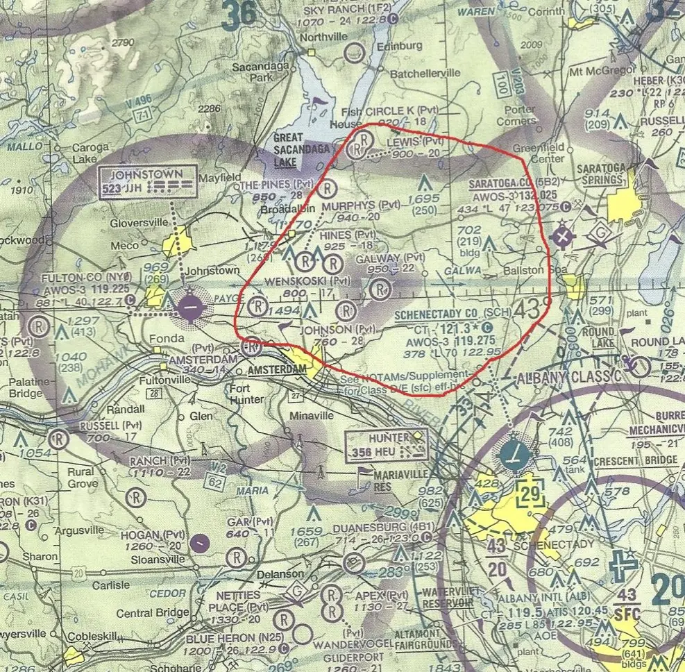 Sectional chart excerpt with the Five Star Flight practice area outlined in red, northwest of Schenectady County Airport
